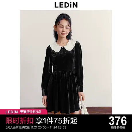 乐町千金风丝绒连衣裙女23年秋冬新款手勾花领拼接长袖内搭连衣裙商品大图