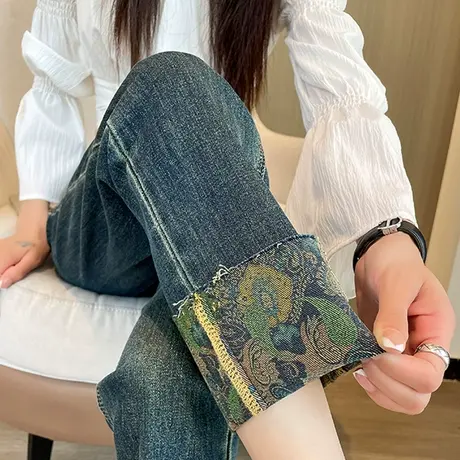印花卷边高腰直筒牛仔裤女2024年新款秋季宽松显瘦九分法棍烟管裤商品大图