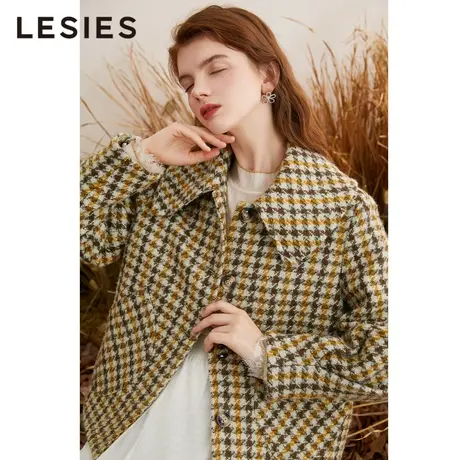 LESIES蓝色倾情秋冬女装千鸟格翻领单排扣小个子羊毛格子大衣外套商品大图