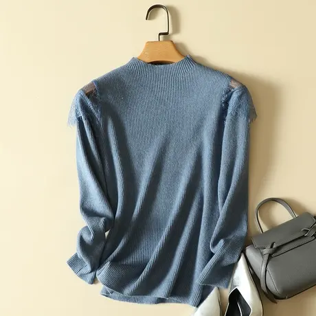 新款纯色半高领套头针织衫女士小心机蕾丝露肩毛衣修身弹力打底衫商品大图