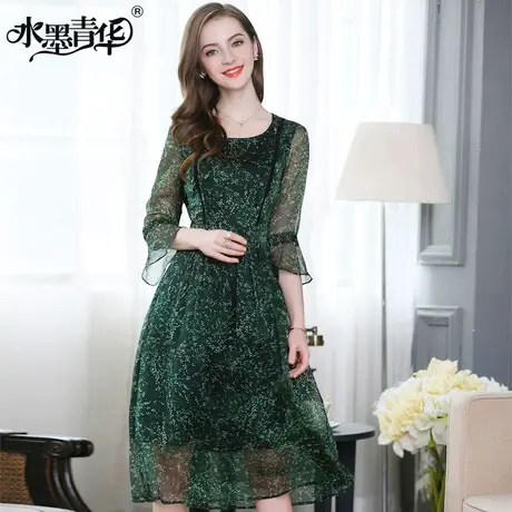 【1件7.9折】夏装新品名媛气质优雅圆领时尚修身七分袖印花连衣裙图片