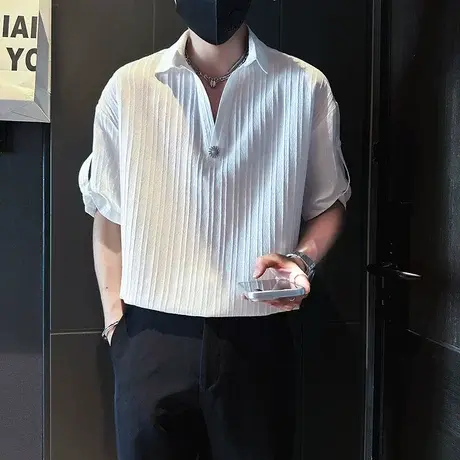 夏季休闲短袖衬衣2023新款条纹v领潮男薄款衬衫发型师半袖体恤衫商品大图