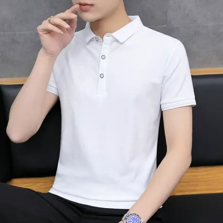 男士短袖polo衫男夏季商务休闲保罗翻领t恤纯色白色冰丝光棉半袖商品大图