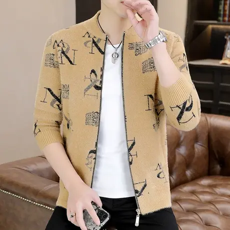 水貂绒男士毛衣秋冬潮流拉链开衫外套男装时尚休闲提花加厚针织衫商品大图