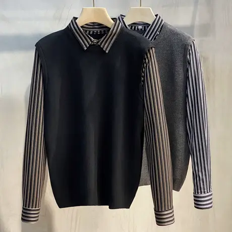 秋冬装假两件毛衣男衬衫领针织衫韩版男士背心长袖加厚百搭打底衫商品大图