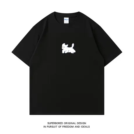 夏季ins简约小狗印花纯棉短袖t恤潮流百搭宽松休闲体恤半袖上衣商品大图