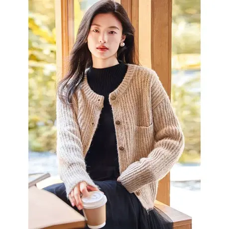 时尚气质毛衣2023年秋季新款女装元圆领温柔百搭纯色长袖开衫商品大图