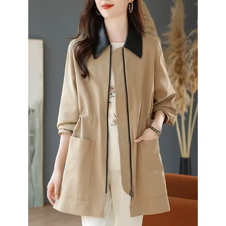 宝诗黎皮质翻领中长款抽绳收腰风衣外套气质开衫上衣2024春季新款商品大图