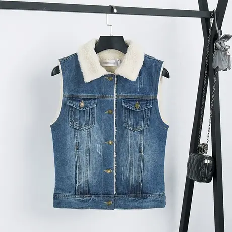 秋冬新款韩版加厚加绒羊羔毛牛仔马甲女棉马夹背心无袖深蓝大码商品大图