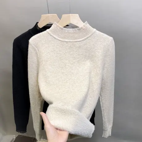 加绒半高领毛衣女一体绒内搭打底衫2023秋冬新款蕾丝针织衫厚上衣商品大图