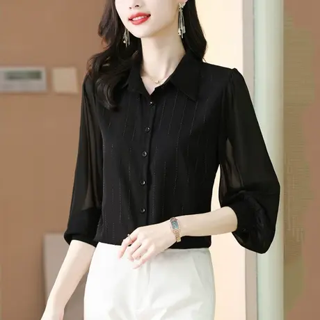 烫钻衬衫女长袖女装2023新款春秋季宽松雪纺衫纯色时尚洋气衬衣图片