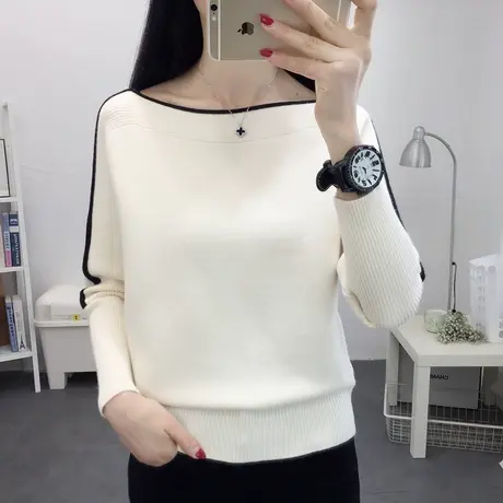 一字领蝙蝠衫宽松外穿女士毛衣短款长袖针织打底衫洋气百搭上衣秋商品大图