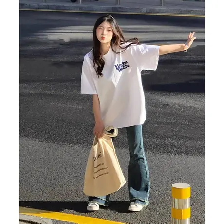 美式复古正肩短袖t恤女夏季潮牌oversize设计感小众港味chic上衣商品大图