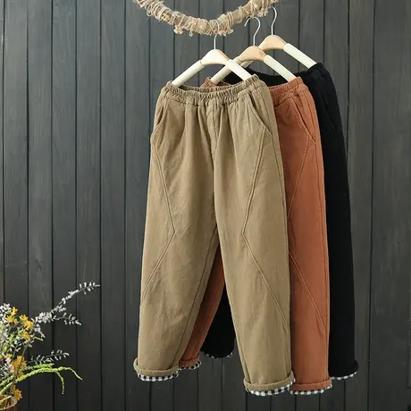 2023新款拼接加厚裤子休闲裤女冬季松紧腰夹棉哈伦裤纯色外穿长裤图片