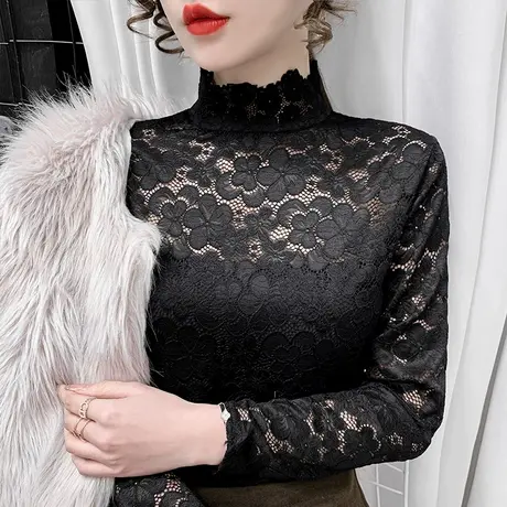 秋冬新款蕾丝打底衫女钩花镂空洋气百搭小衫内搭长袖气质修身上衣图片