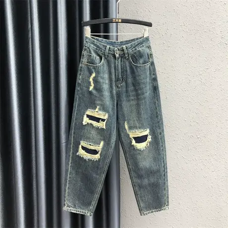欧货个性破洞补丁乞丐裤女潮2023秋季新款宽松显瘦牛仔哈伦老爹裤图片