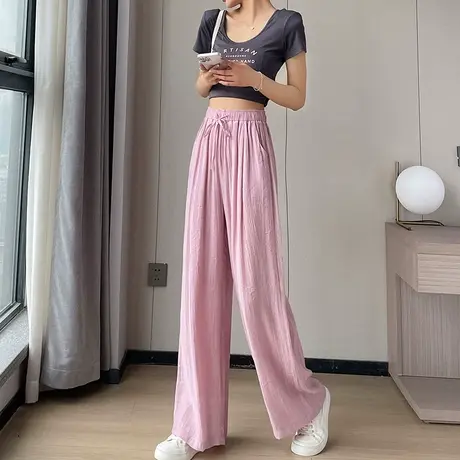 粉色棉麻阔腿裤女夏薄款高腰垂感宽松显瘦褶皱苎麻休闲慵懒山本裤图片