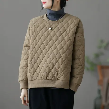 dza 复古菱格宽松套头棉服女士短款卫衣外套冬季新款上衣保暖棉衣图片