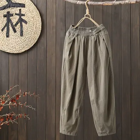 枫谜2023春季新款文艺简约褶皱斜纹棉宽松休闲松紧腰哈伦裤灯笼裤图片