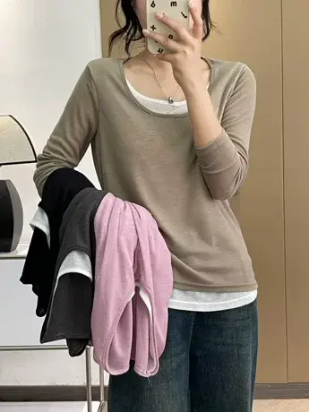 长袖女2023年春秋季时尚洋气打底黑色修身薄款学生t恤衫圆领套头图片