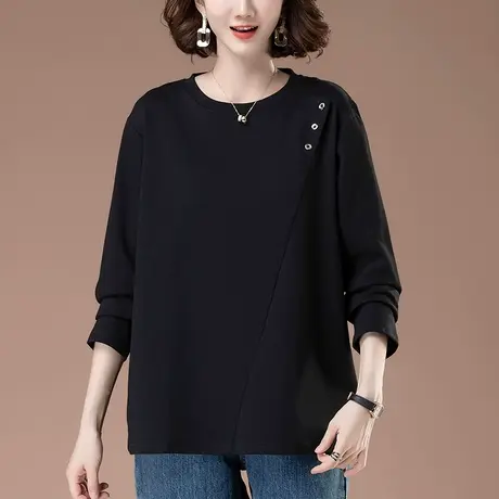 中年妈妈春秋衣打底衫女宽松加肥加大码上衣休闲显瘦圆领长袖T恤图片