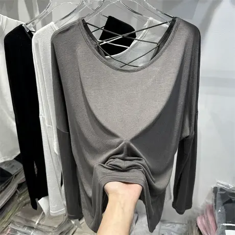 性感露背竹节棉T恤宽松针织衫女2023春新款防晒轻薄上衣打底罩衫图片