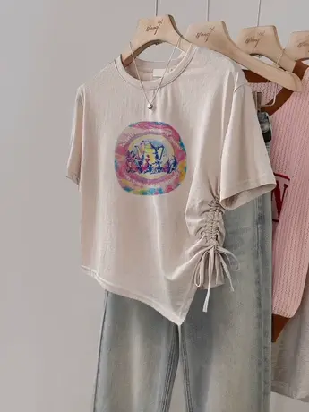 高级感夏季女装上衣2023新款不规则抽绳T恤潮ins显瘦遮肚闺蜜短袖商品大图