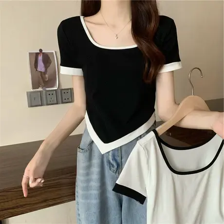 夏季2024新款别致拼接正肩t恤女装短袖设计感小众不规则短款上衣商品大图