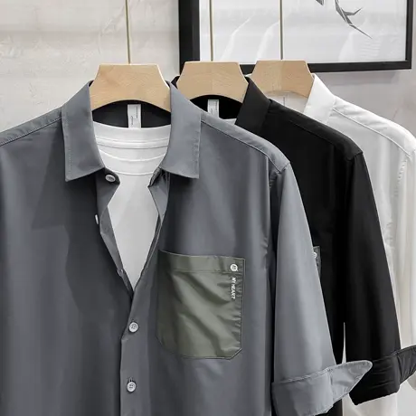 冰丝抗皱短袖男士衬衫夏季宽松潮流帅气小工装五分袖衬衣中袖外套商品大图