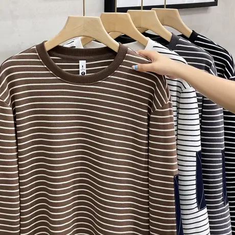 条纹卫衣男潮牌ins男士秋季上衣潮流拼接圆领打底针织衫男春秋款商品大图