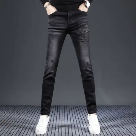 牛仔裤秋冬款男修身小脚裤黑色2023新款刺绣印花烫钻潮牌痞帅男裤商品大图