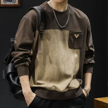 重磅潮牌卫衣男秋冬款圆领男款衣服冬季23新款长袖大码撞色麂皮绒商品大图