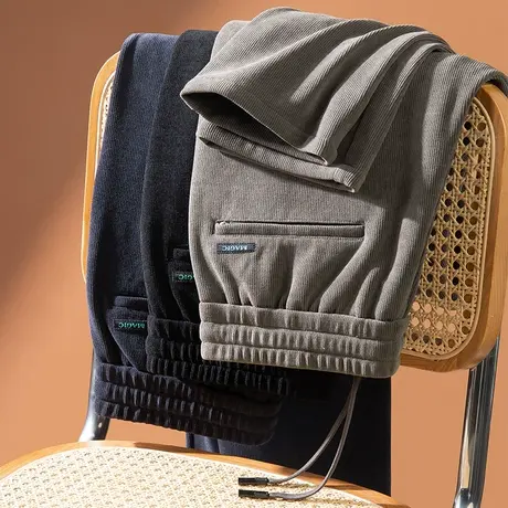 春季男款弹力小直筒灯芯绒运动秋冬款男生卡其色加绒加厚休闲裤子商品大图