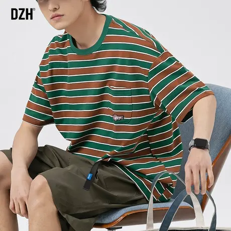 男士条纹短袖潮牌t恤男夏季纯棉日系风男装2023新款衣服男款半袖商品大图