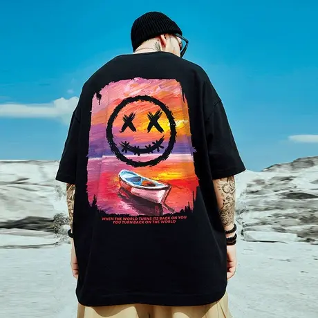 小恶魔ins短袖大码T恤男潮欧美高街oversize情侣装夏季肥佬半截袖图片