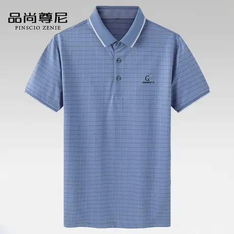 男士t恤短袖冰爽棉透气简约格子宽松休闲polo衫中老年爸爸装夏装商品大图