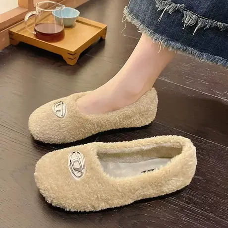 毛毛鞋皮毛一体2023秋季新款羊羔毛内里加绒软底金属扣豆豆鞋女商品大图