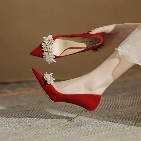 红色高跟鞋女细跟2024年春夏季新款性感新娘气质婚鞋尖头浅口单鞋图片