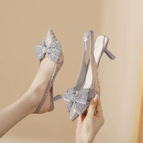 包头凉鞋女2024年夏季新款法式水钻蝴蝶结后空凉鞋尖头细跟高跟鞋商品大图