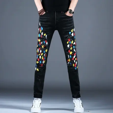 美式高街涂鸦破洞牛仔裤男款直筒修身2023新款裤子潮流男士秋冬款图片