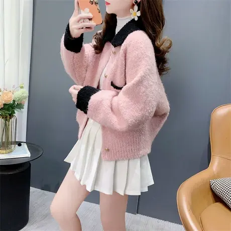 奶fufu撞色翻领小香风毛衣开衫女秋冬2023年新款宽松加厚针织外套商品大图