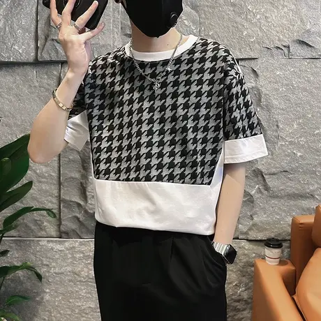 夏季拼接千鸟格短袖t恤2023新款潮男穿搭小众设计半袖潮牌INS体恤商品大图