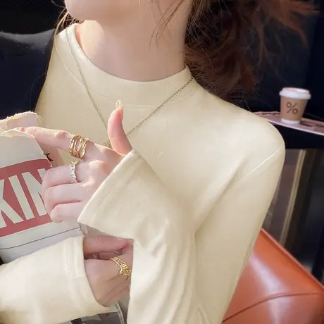 德绒半高领加绒加厚打底衫女内搭秋冬季双面磨毛保暖修身长袖T恤商品大图