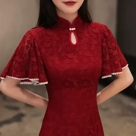 旗袍敬酒服新娘平时可穿夏季酒红色订婚裙日常回门小礼服结婚A摆图片