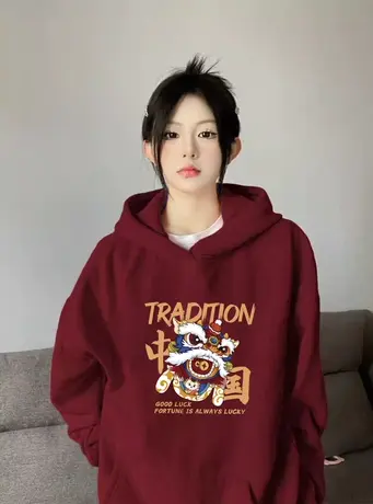 复古酒红bf慵懒风连帽卫衣冬季加绒闺蜜外套ins大码卡通减龄上衣图片