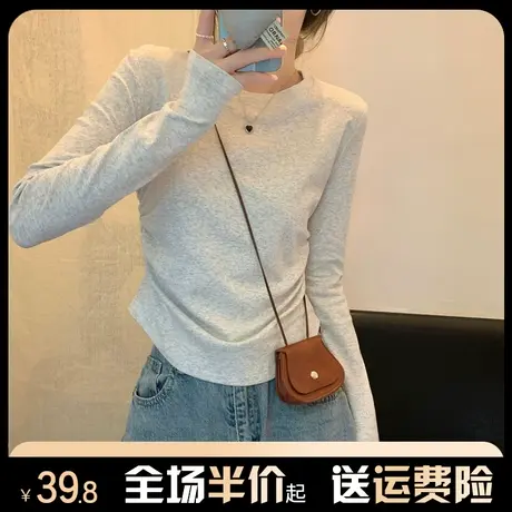 纯棉打底衫长袖t恤女2023新款秋冬季内搭修身褶皱设计感气质上衣商品大图