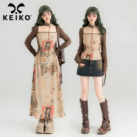 KEIKO 法式文艺涂鸦风方领连衣裙2024春夏美拉德复古咖色显瘦长裙商品大图