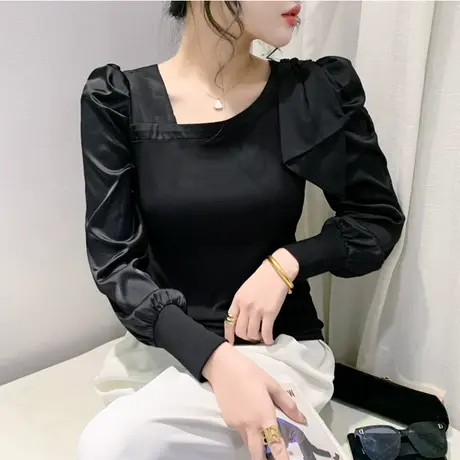 气质褶皱泡泡袖T恤女装性感斜领蝴蝶结打底衫长袖修身百塔上衣ins商品大图