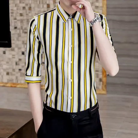条纹衬衫男士短袖韩版帅气中袖衬衣青年百搭休闲七分袖夏装英伦潮商品大图