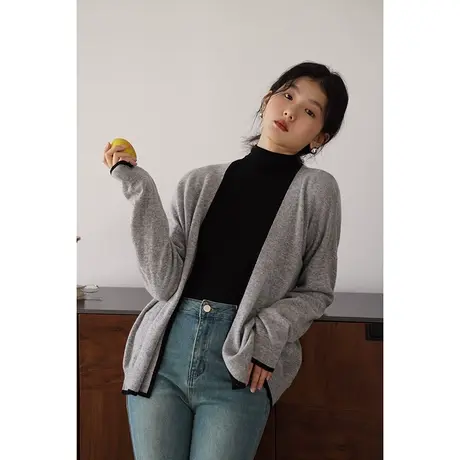 嘉茱莉2023秋季新款1OO羊毛针织开衫外套女宽松撞色针织羊毛毛衣商品大图